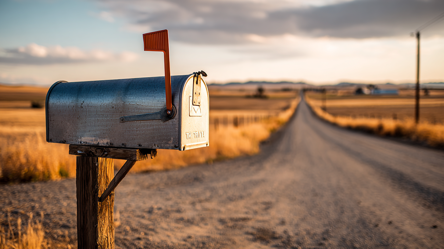 Rural metal mailbox with raised flag beside a dirt road stretching into open golden fields at sunset