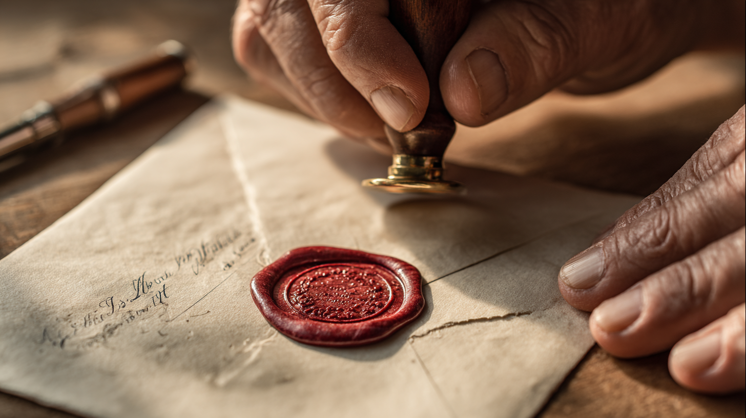 Close-up of hands pressing a brass seal into red wax on a handwritten parchment envelope