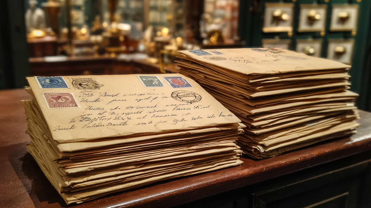 Two thick stacks of aged handwritten envelopes bearing colorful postage stamps on a wooden surface